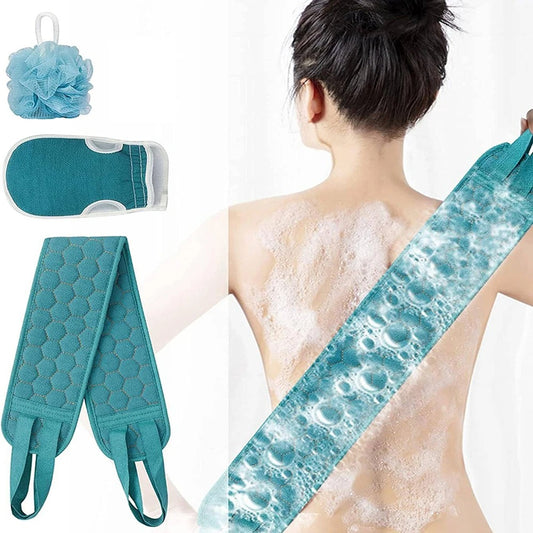 3-Piece Complete Exfoliation Spa Set: Back Scrubber, Mitt &  Poofy
