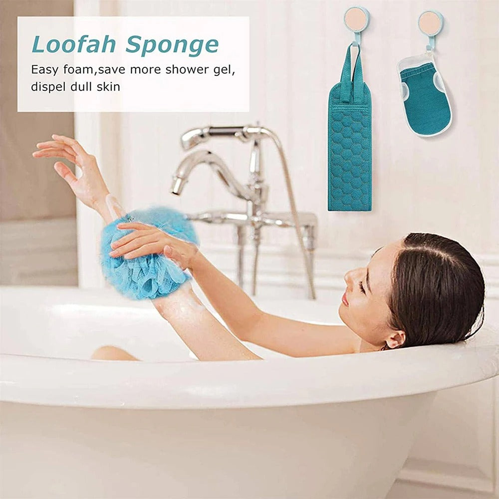 3-Piece Complete Exfoliation Spa Set: Back Scrubber, Mitt &  Poofy