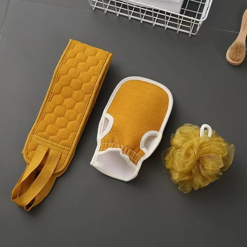 3-Piece Complete Exfoliation Spa Set: Back Scrubber, Mitt &  Poofy