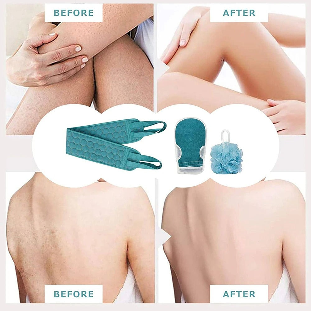 3-Piece Complete Exfoliation Spa Set: Back Scrubber, Mitt &  Poofy