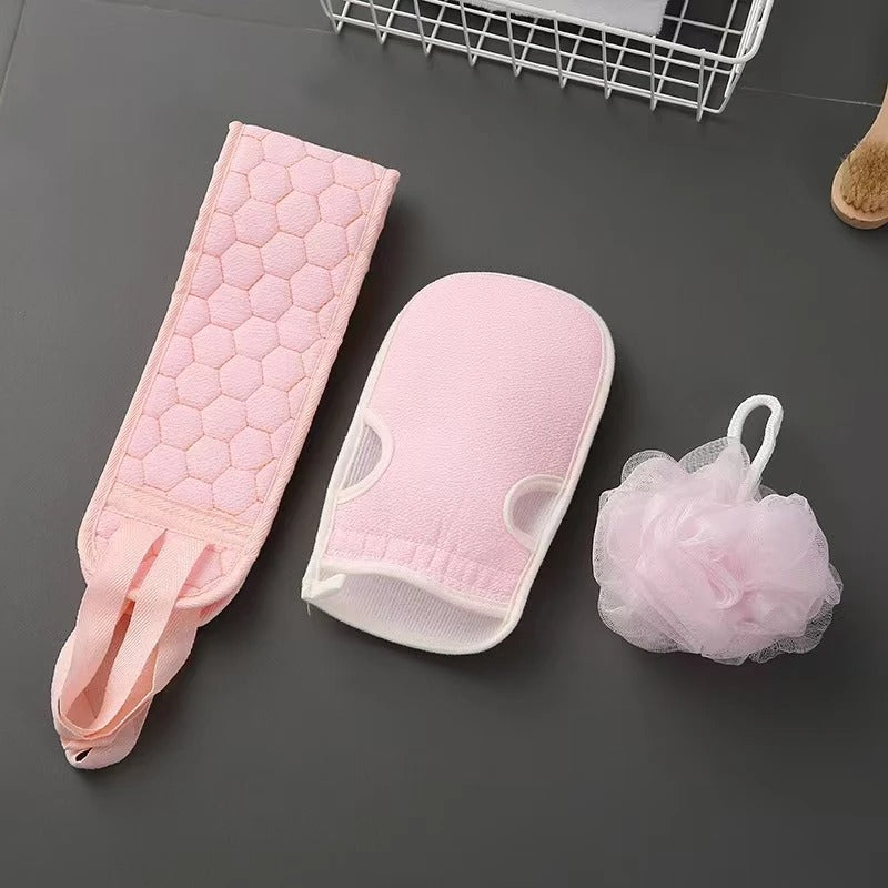 3-Piece Complete Exfoliation Spa Set: Back Scrubber, Mitt &  Poofy