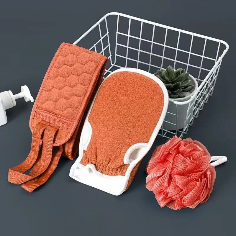 3-Piece Complete Exfoliation Spa Set: Back Scrubber, Mitt &  Poofy